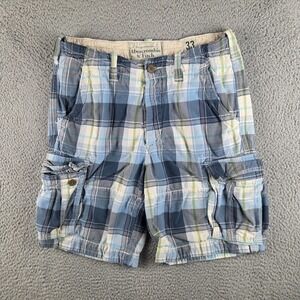 Vintage Y2K Abercrombie Fitch Shorts Mens 33 Blue Plaid Cargo Pockets Button Fly